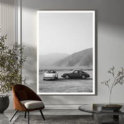 Two porsche in the desert black and white