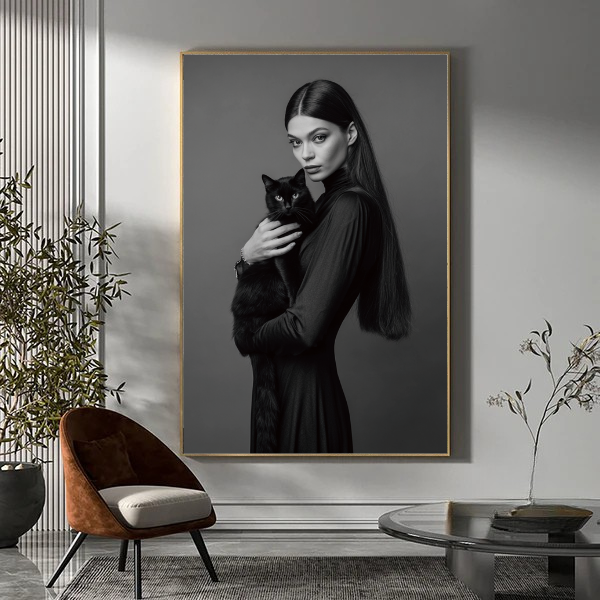 Woman and black cat